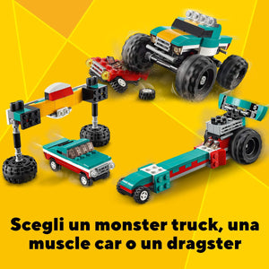 LEGO CREATOR , SET COSTRUZIONI 3 IN 1 , MONSTER TRUCK ,MUSCLE CAR E DRAGSTER , COD 31101